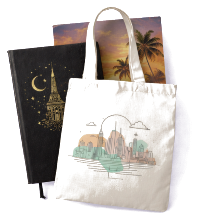 Personalized products including a tote bag, notebook, and art print